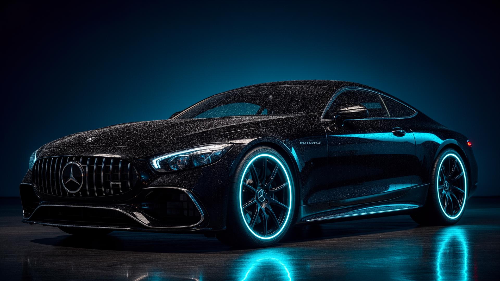 Glossy detailed car with cyan light reflections